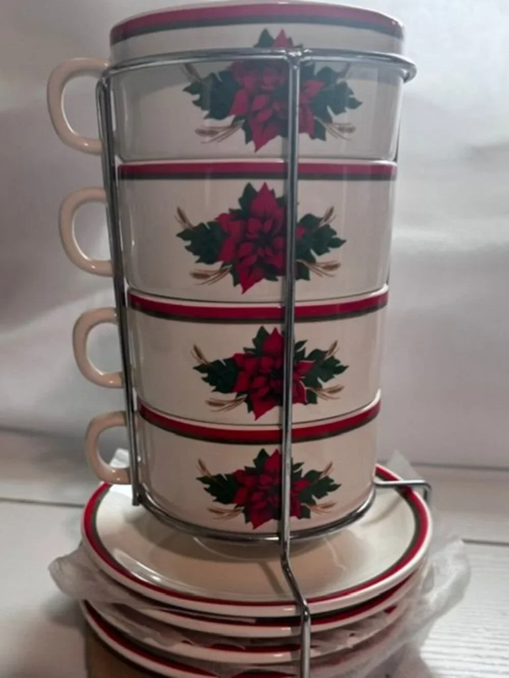 Vintage Christmas Poinsettia Stacking Mugs & Saucers Set of 4
